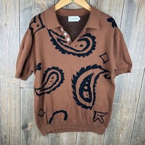OXKNIT Brown Paisley Knit Polo Shirt Mens Large Short Sleeve Cotton Sweater